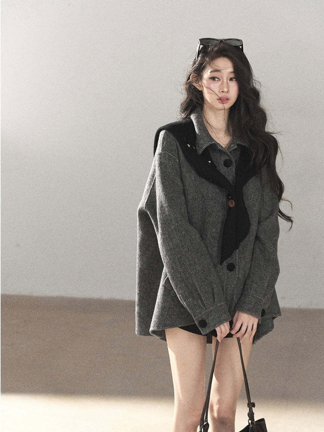 AOMALM - Deep Rock Gray Wool-Blend Herringbone Coat with Detachable Scarf Hood