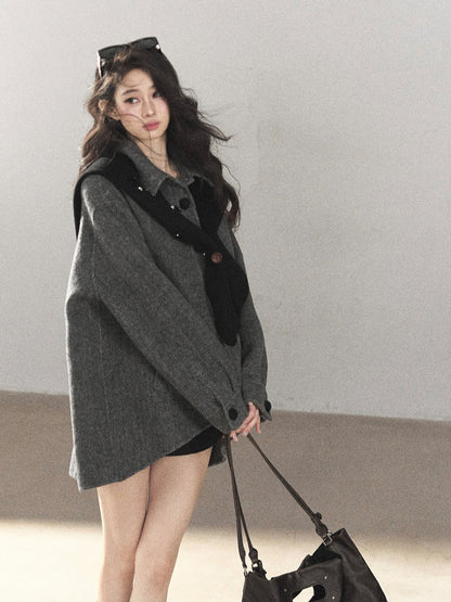 AOMALM - Deep Rock Gray Wool-Blend Herringbone Coat with Detachable Scarf Hood
