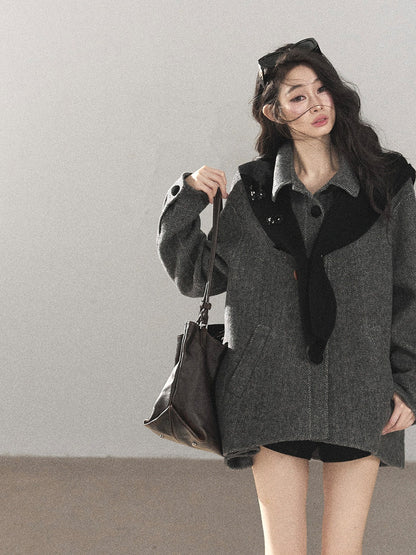 AOMALM - Deep Rock Gray Wool-Blend Herringbone Coat with Detachable Scarf Hood