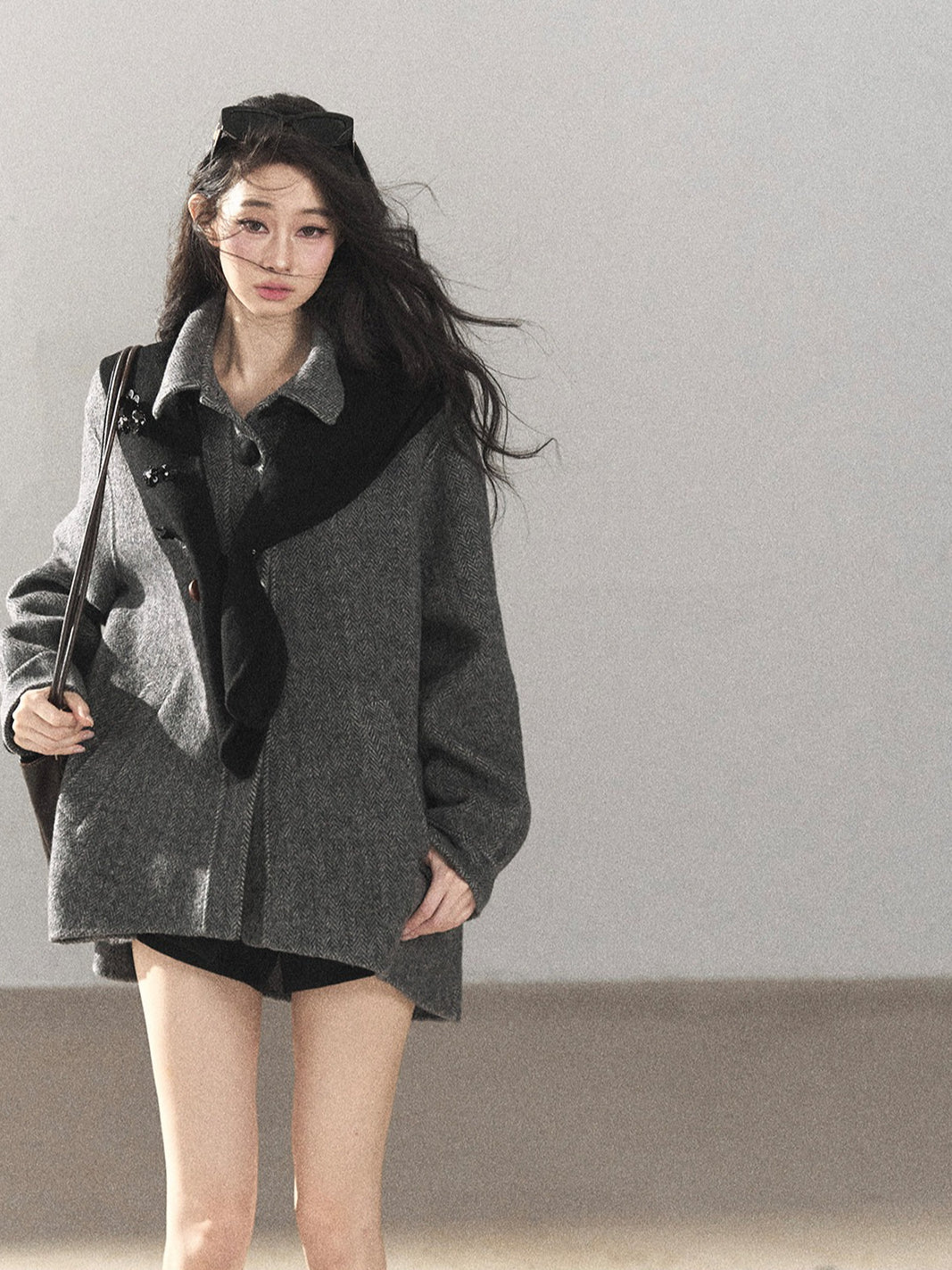 AOMALM - Deep Rock Gray Wool-Blend Herringbone Coat with Detachable Scarf Hood