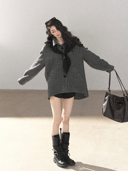AOMALM - Deep Rock Gray Wool-Blend Herringbone Coat with Detachable Scarf Hood