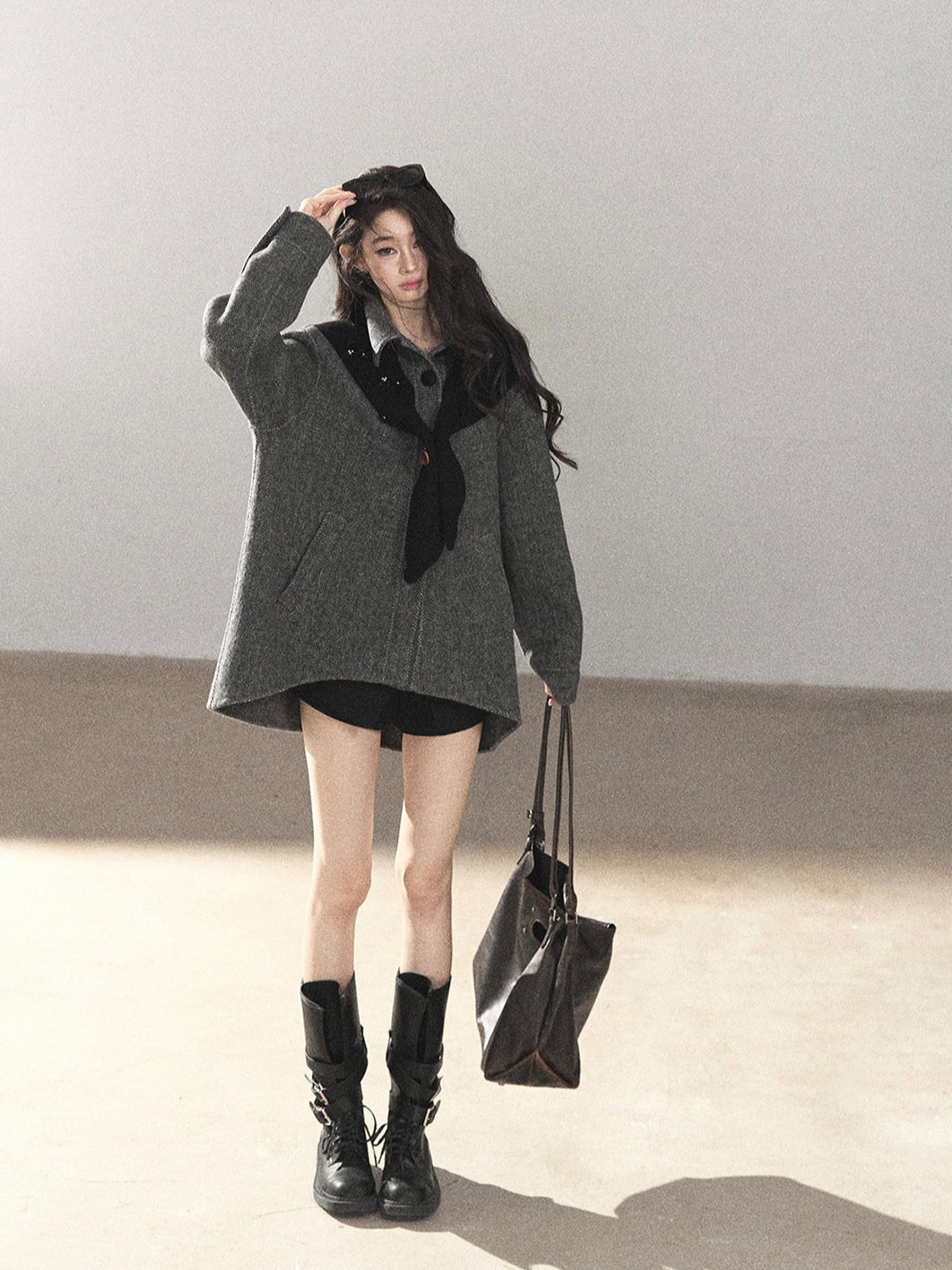 AOMALM - Deep Rock Gray Wool-Blend Herringbone Coat with Detachable Scarf Hood