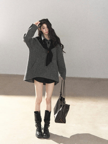 AOMALM - Deep Rock Gray Wool-Blend Herringbone Coat with Detachable Scarf Hood