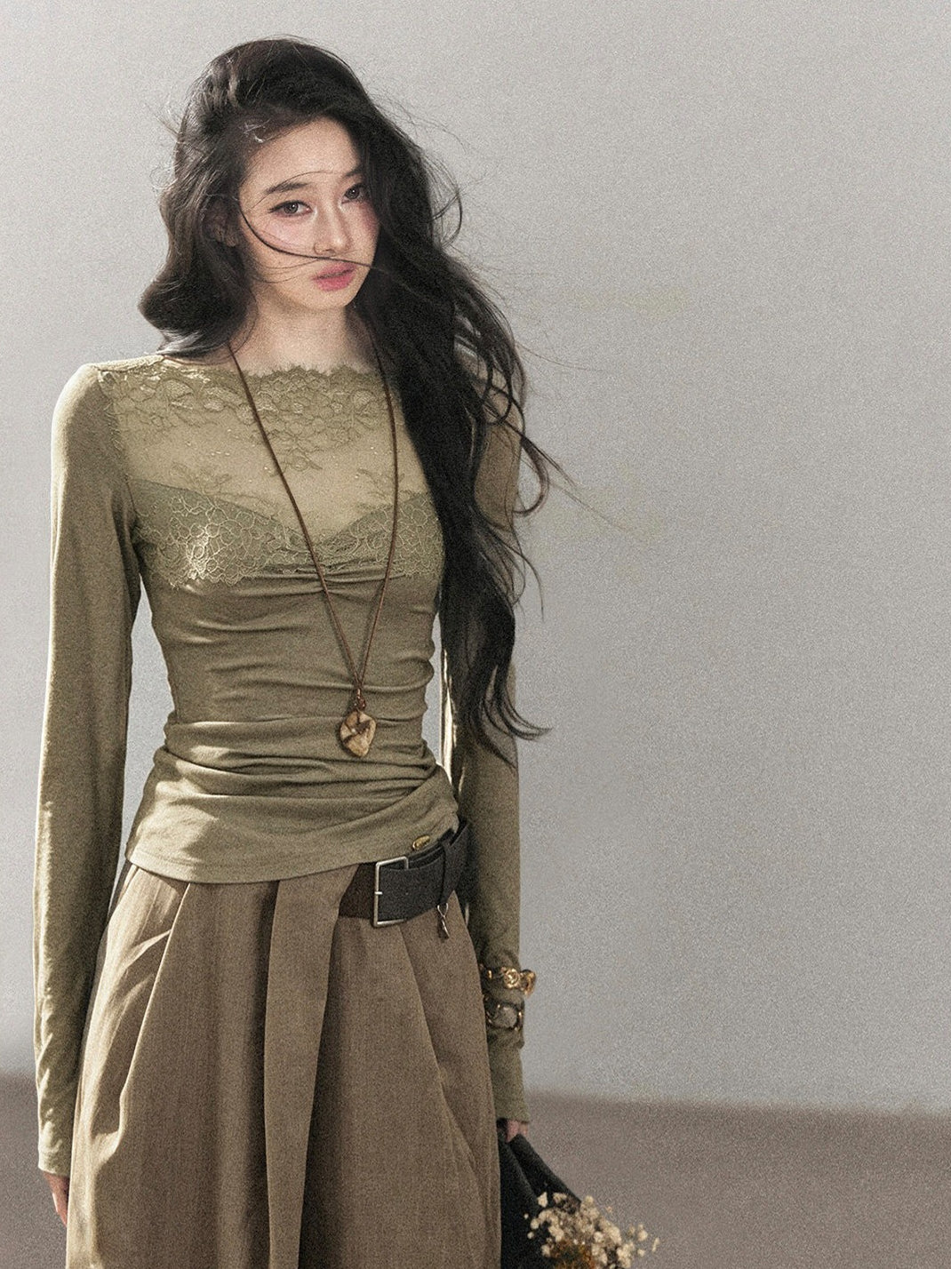 AOMALM - Milk Tea Lace-Panel Fitted Knit Long Sleeve Top