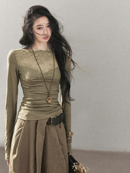 AOMALM - Milk Tea Lace-Panel Fitted Knit Long Sleeve Top
