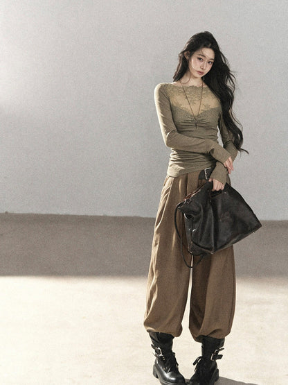 AOMALM - Milk Tea Lace-Panel Fitted Knit Long Sleeve Top