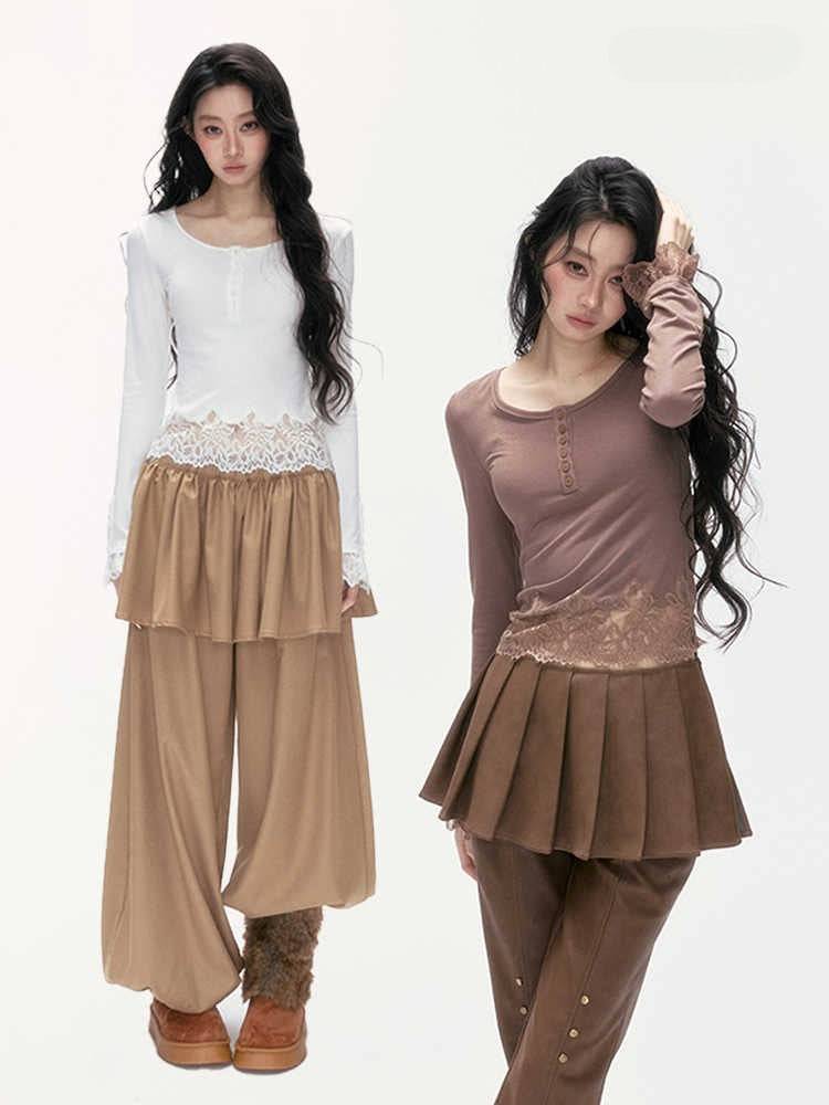 24olvides - Fitted Henley Top with Asymmetric Lace Trim (White / Brown)