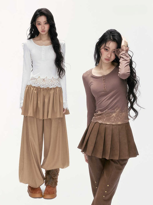 24olvides - Fitted Henley Top with Asymmetric Lace Trim (White / Brown)