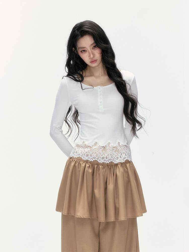 24olvides - Fitted Henley Top with Asymmetric Lace Trim (White / Brown)