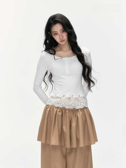 24olvides - Fitted Henley Top with Asymmetric Lace Trim (White / Brown)