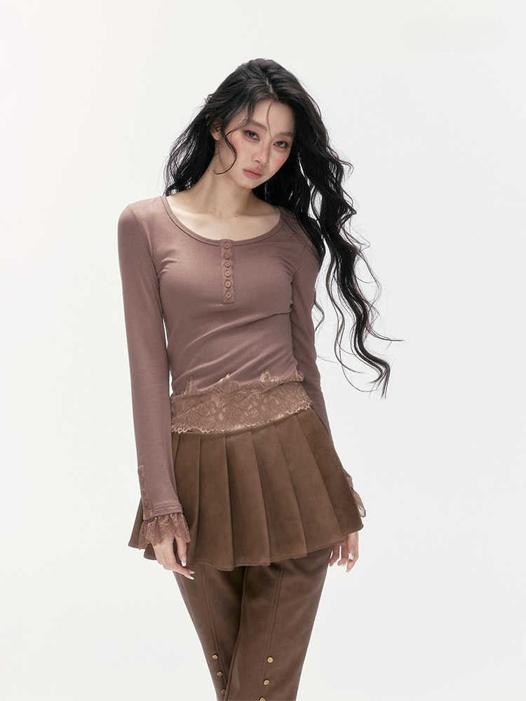 24olvides - Fitted Henley Top with Asymmetric Lace Trim (White / Brown)