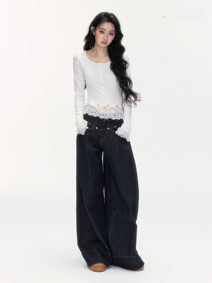24olvides - Fitted Henley Top with Asymmetric Lace Trim (White / Brown)
