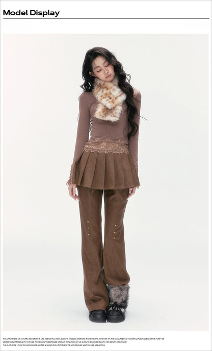 24olvides - Fitted Henley Top with Asymmetric Lace Trim (White / Brown)