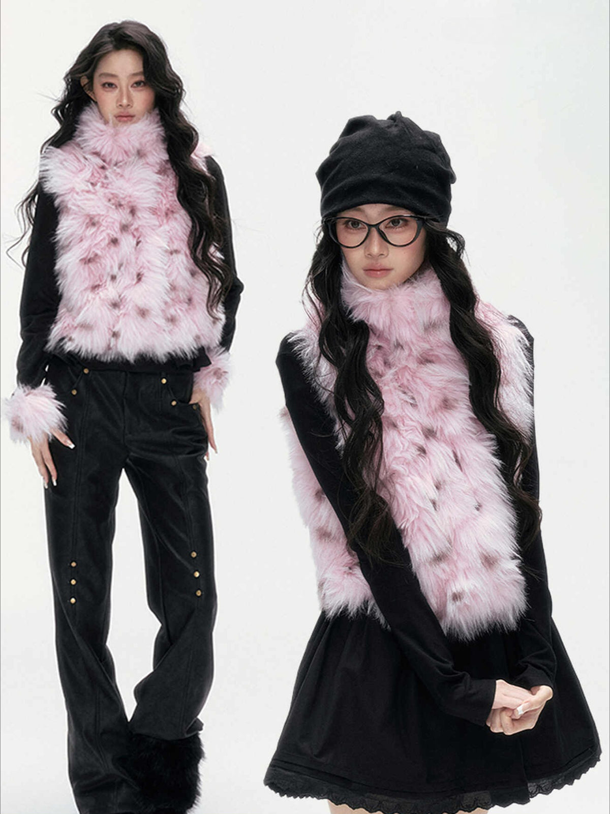 24olvides - Black and Pink Polka Dot Faux Fur Vest