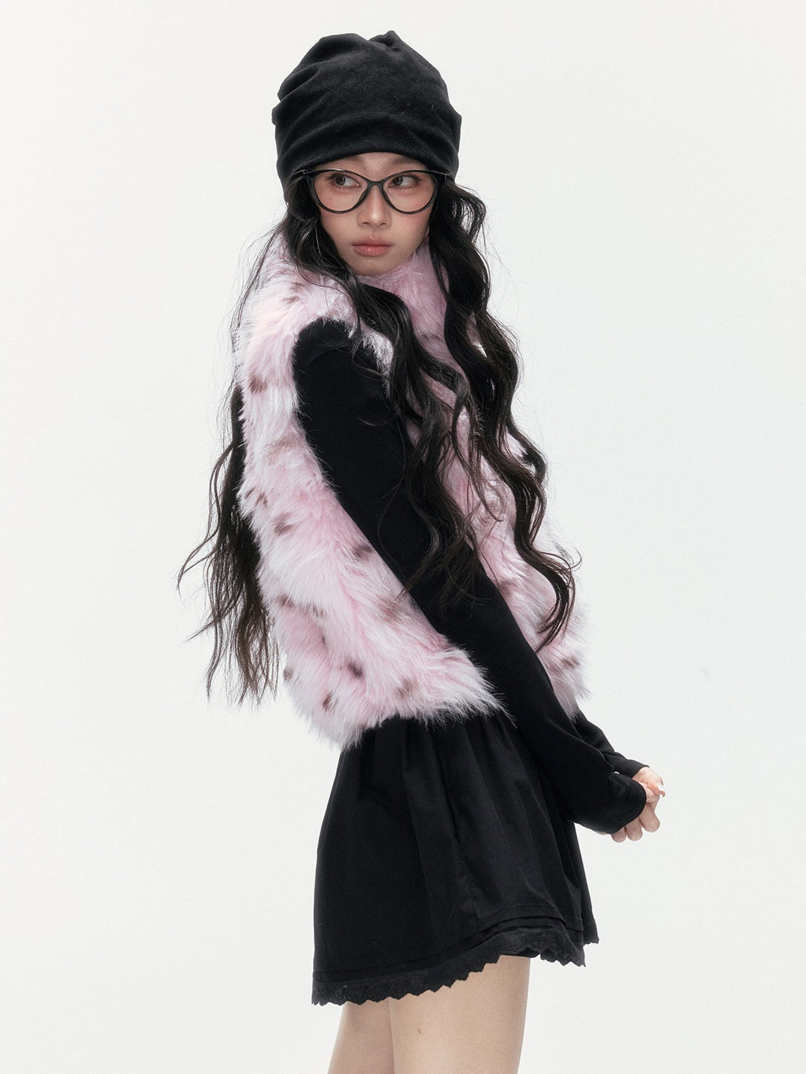 24olvides - Black and Pink Polka Dot Faux Fur Vest
