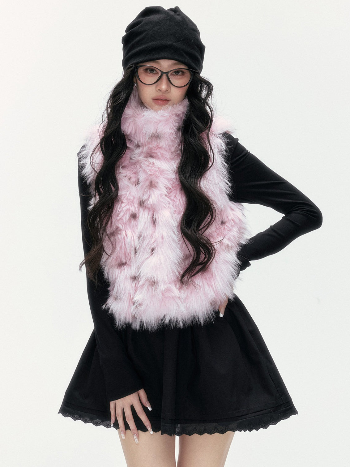 24olvides - Black and Pink Polka Dot Faux Fur Vest