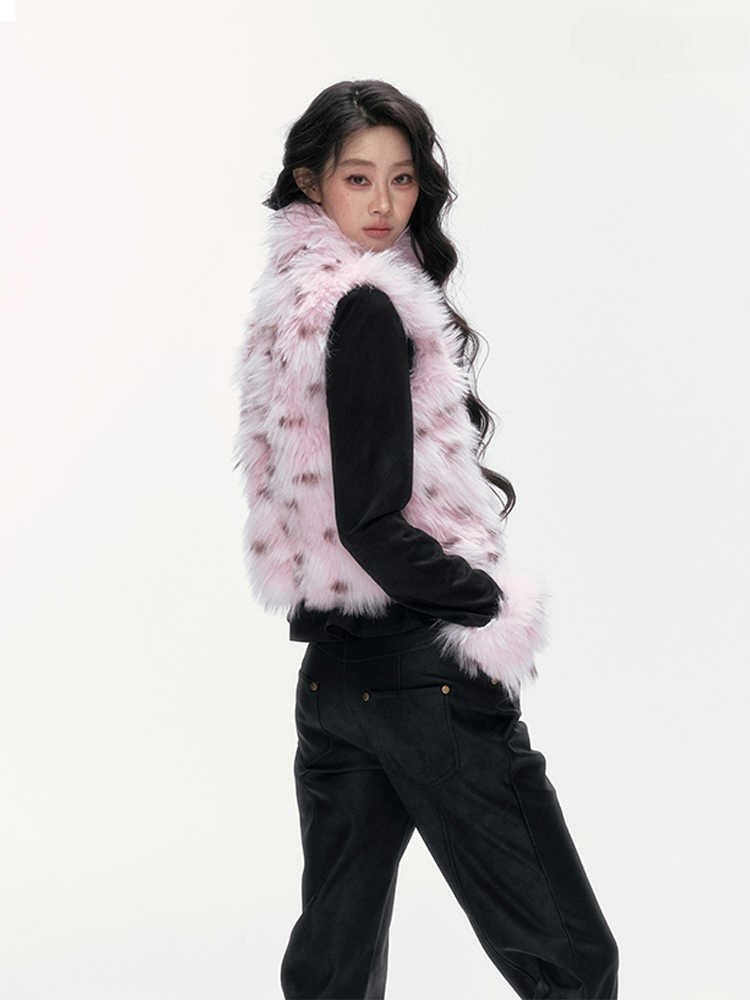 24olvides - Black and Pink Polka Dot Faux Fur Vest