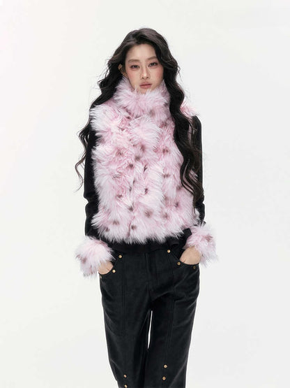 24olvides - Black and Pink Polka Dot Faux Fur Vest