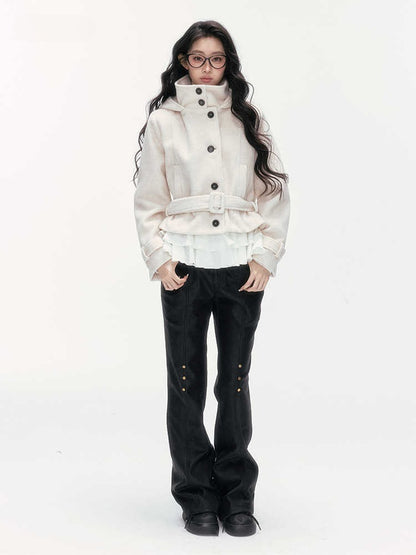 24olvides - Beige Hooded Wool-Blend Coat with Waist Belt