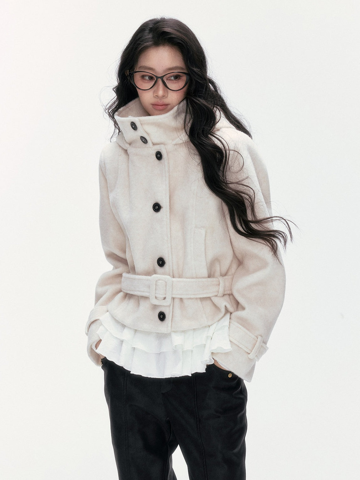 24olvides - Beige Hooded Wool-Blend Coat with Waist Belt