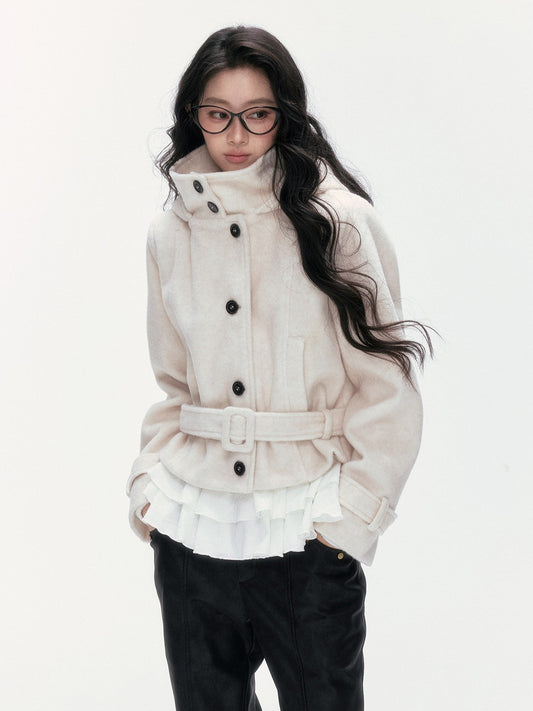 24olvides - Beige Hooded Wool-Blend Coat with Waist Belt