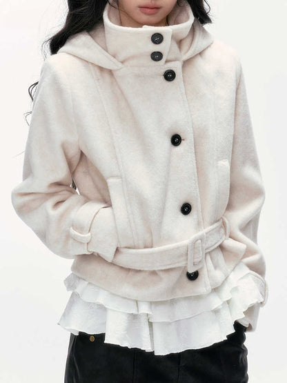 24olvides - Beige Hooded Wool-Blend Coat with Waist Belt