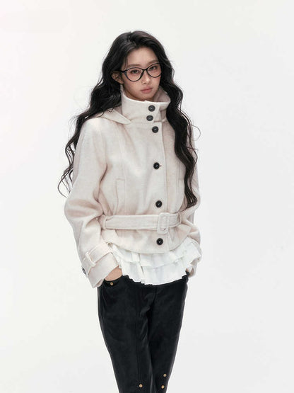 24olvides - Beige Hooded Wool-Blend Coat with Waist Belt