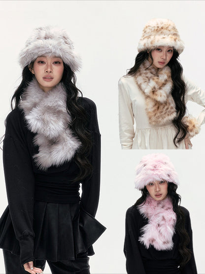 24olvides - [FREE GIFT] Winter Accessories Set: Faux Fur Scarf, Bucket Hat & Satin Bow Brooch