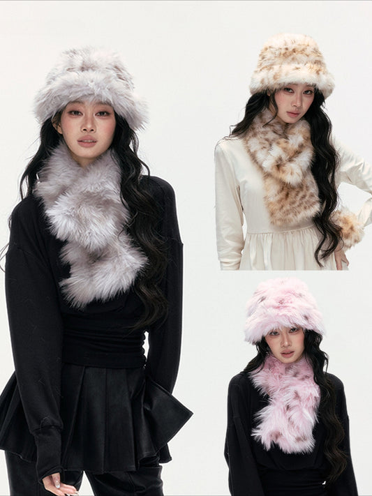 24olvides - [FREE GIFT] Winter Accessories Set: Faux Fur Scarf, Bucket Hat & Satin Bow Brooch