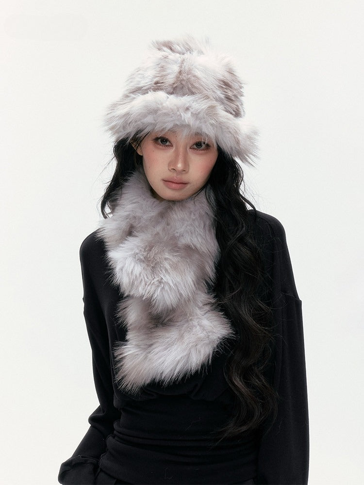 24olvides - [FREE GIFT] Winter Accessories Set: Faux Fur Scarf, Bucket Hat & Satin Bow Brooch
