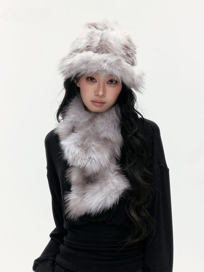 24olvides - [FREE GIFT] Winter Accessories Set: Faux Fur Scarf, Bucket Hat & Satin Bow Brooch