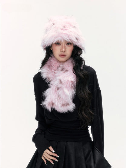 24olvides - [FREE GIFT] Winter Accessories Set: Faux Fur Scarf, Bucket Hat & Satin Bow Brooch