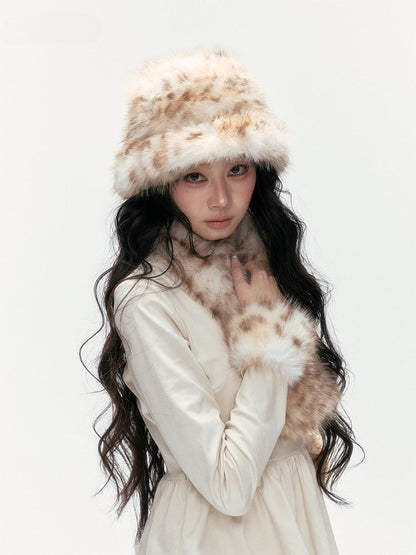 24olvides - [FREE GIFT] Winter Accessories Set: Faux Fur Scarf, Bucket Hat & Satin Bow Brooch