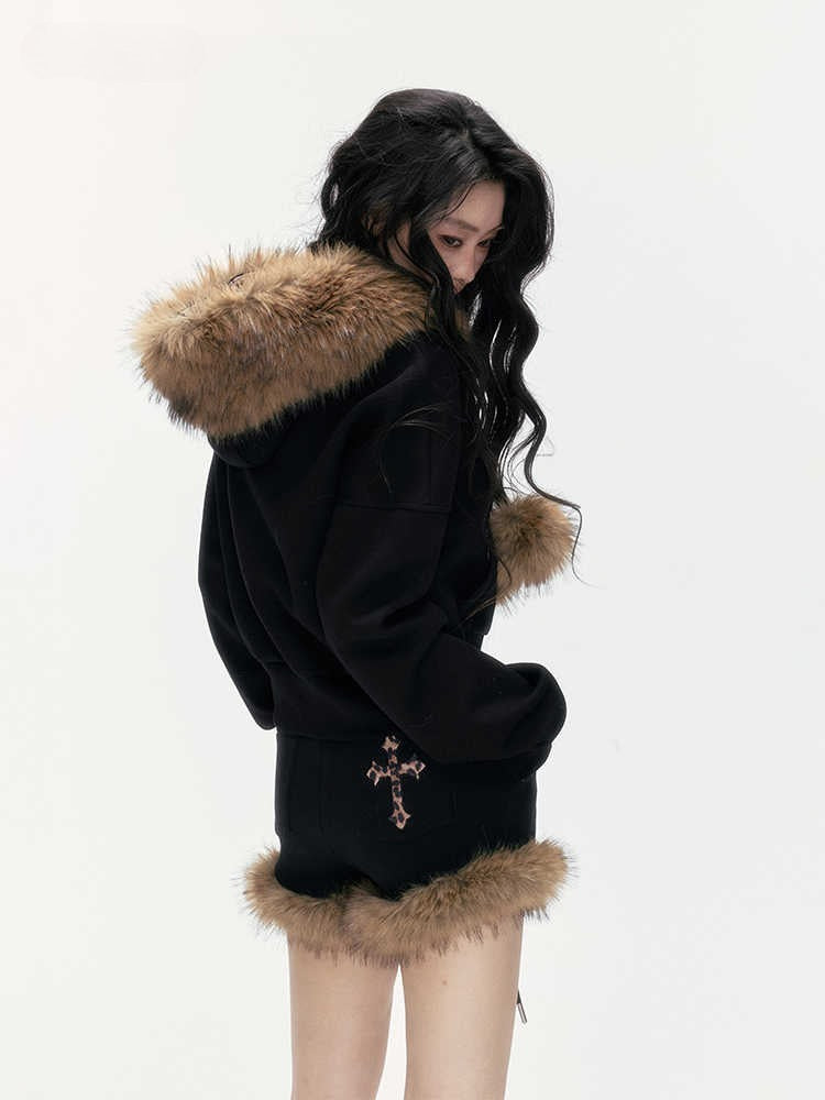 24olvides - Leopard Print Zip-Up Black Hoodie and Studded Shorts Set