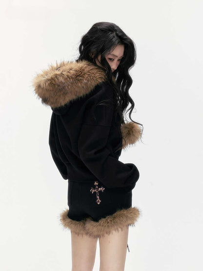 24olvides - Leopard Print Zip-Up Black Hoodie and Studded Shorts Set