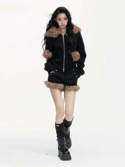 24olvides - Leopard Print Zip-Up Black Hoodie and Studded Shorts Set