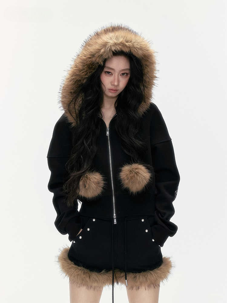 24olvides - Leopard Print Zip-Up Black Hoodie and Studded Shorts Set