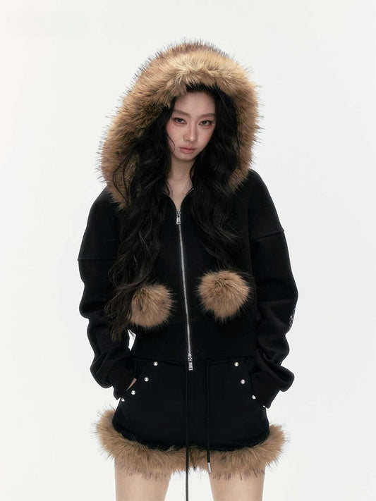 24olvides - Leopard Print Zip-Up Black Hoodie and Studded Shorts Set
