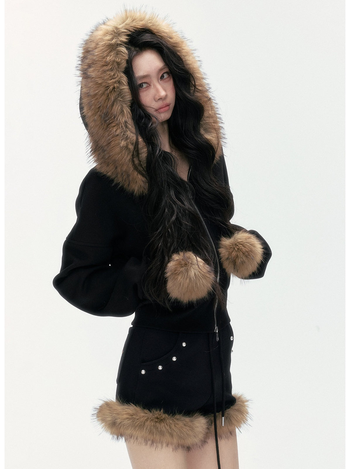 24olvides - Leopard Print Zip-Up Black Hoodie and Studded Shorts Set