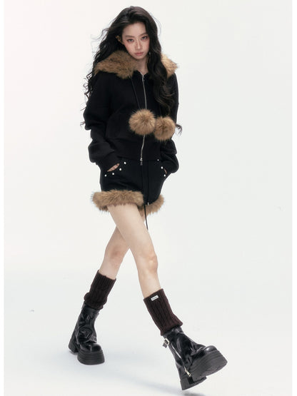 24olvides - Leopard Print Zip-Up Black Hoodie and Studded Shorts Set