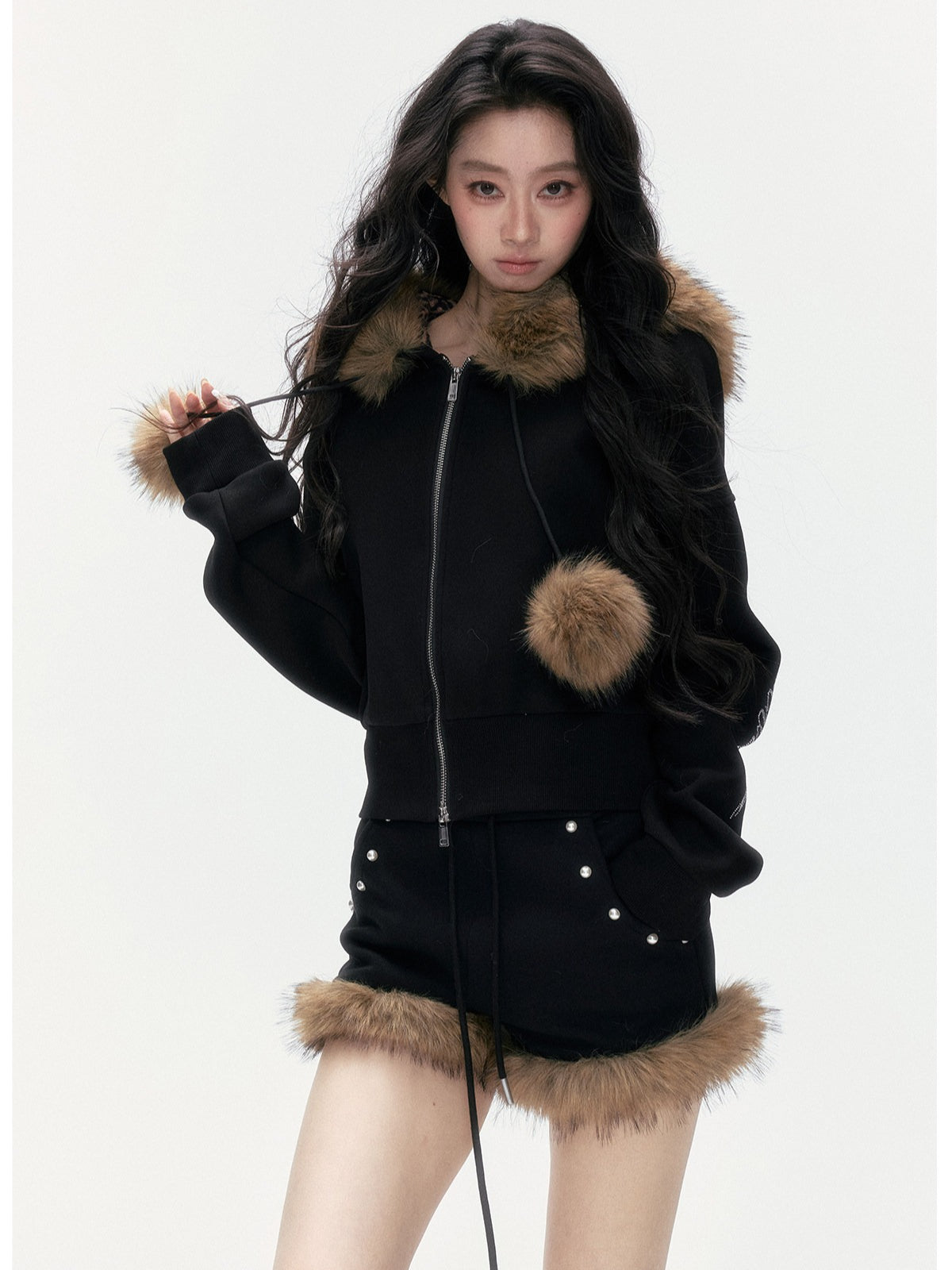 24olvides - Leopard Print Zip-Up Black Hoodie and Studded Shorts Set