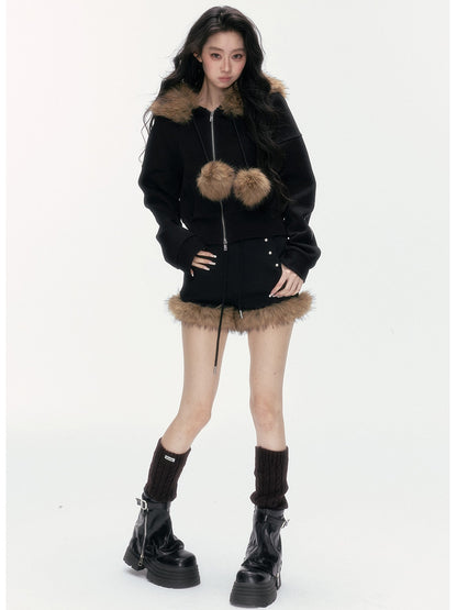 24olvides - Leopard Print Zip-Up Black Hoodie and Studded Shorts Set