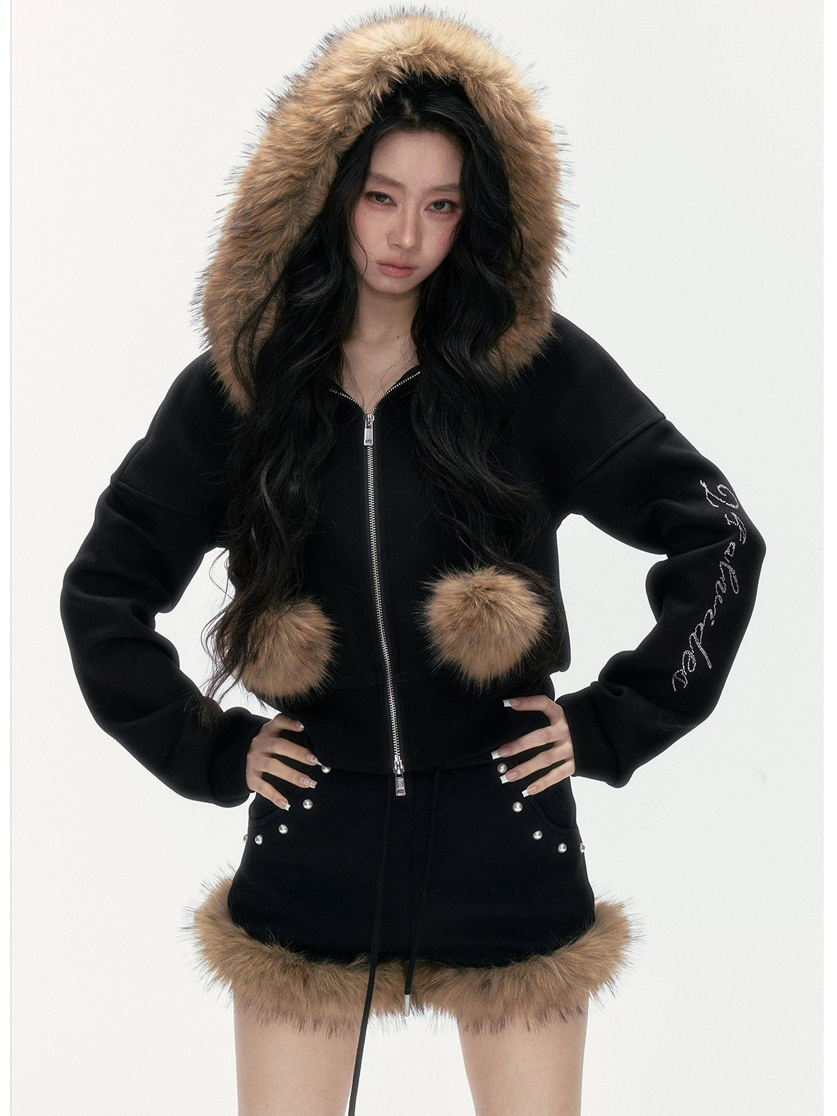 24olvides - Leopard Print Zip-Up Black Hoodie and Studded Shorts Set