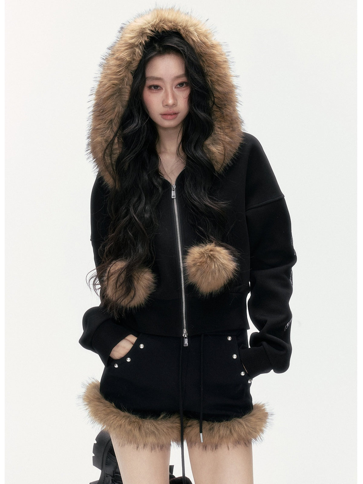 24olvides - Leopard Print Zip-Up Black Hoodie and Studded Shorts Set