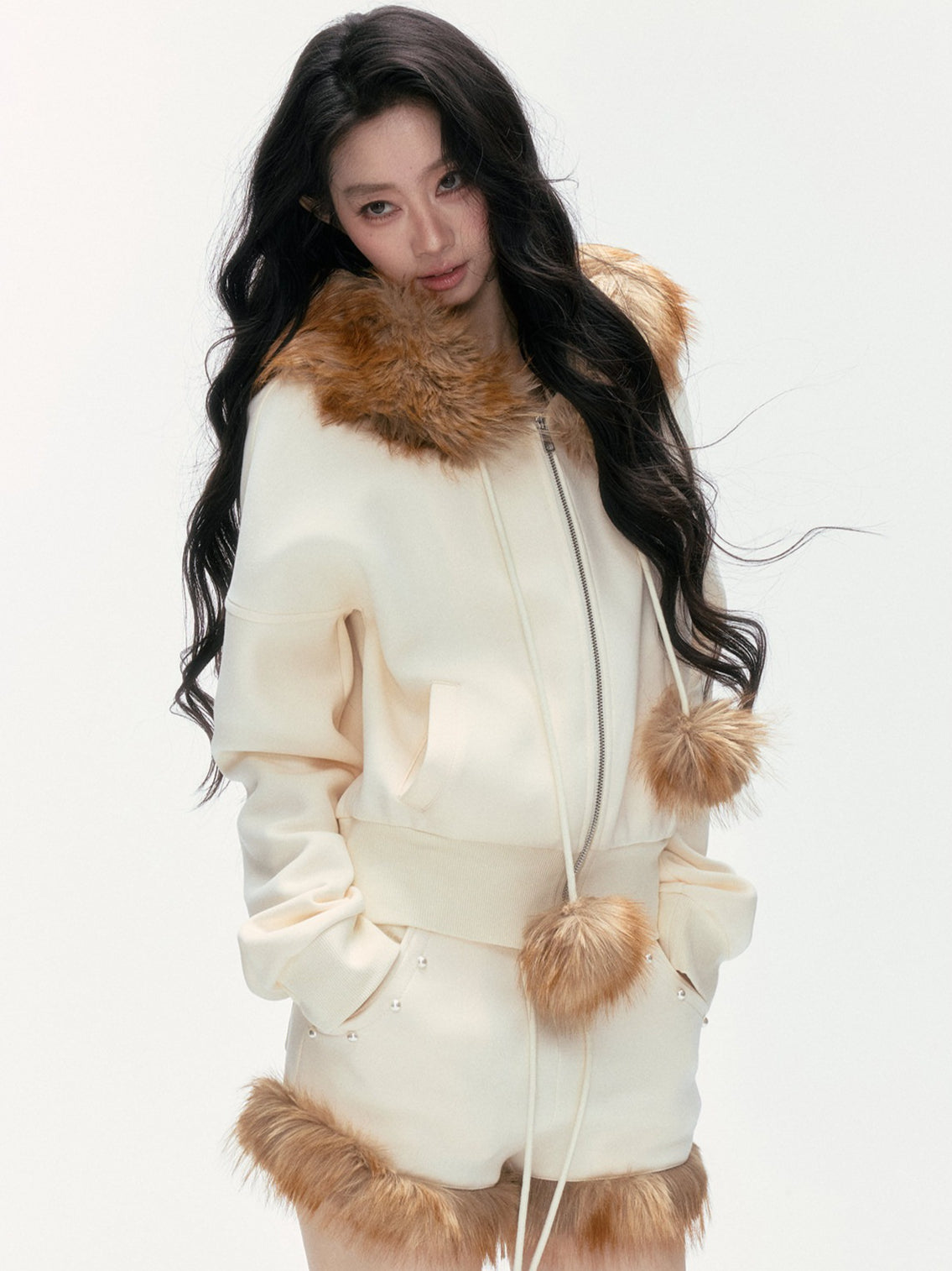 24olvides - Leopard Print Zip-Up Beige Hoodie and Studded Shorts Set