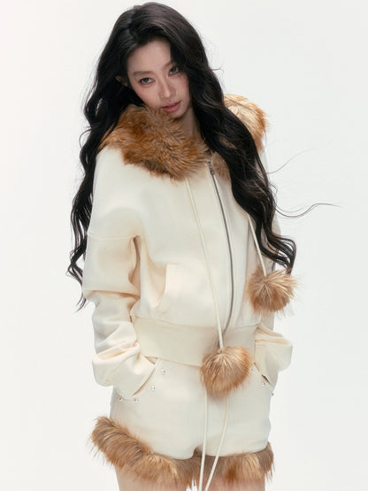 24olvides - Leopard Print Zip-Up Beige Hoodie and Studded Shorts Set
