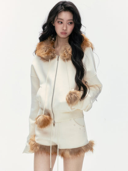24olvides - Leopard Print Zip-Up Beige Hoodie and Studded Shorts Set