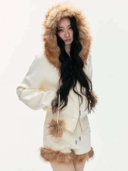 24olvides - Leopard Print Zip-Up Beige Hoodie and Studded Shorts Set
