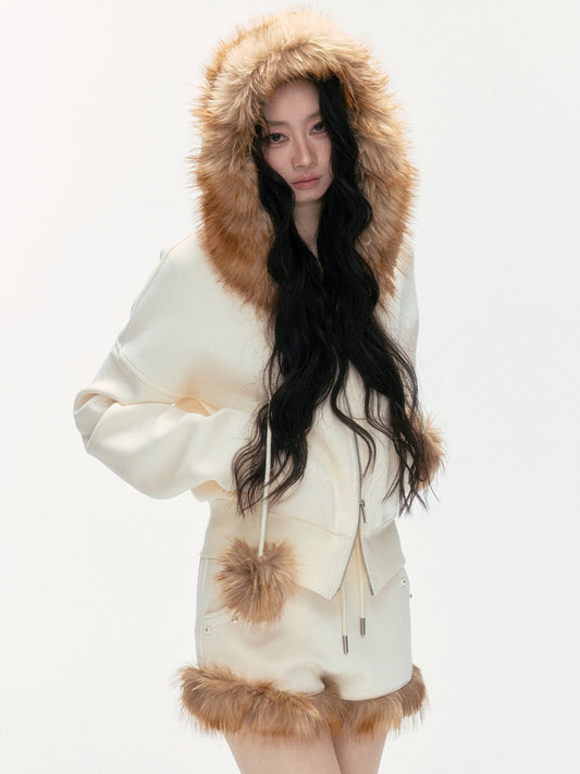 24olvides - Leopard Print Zip-Up Beige Hoodie and Studded Shorts Set