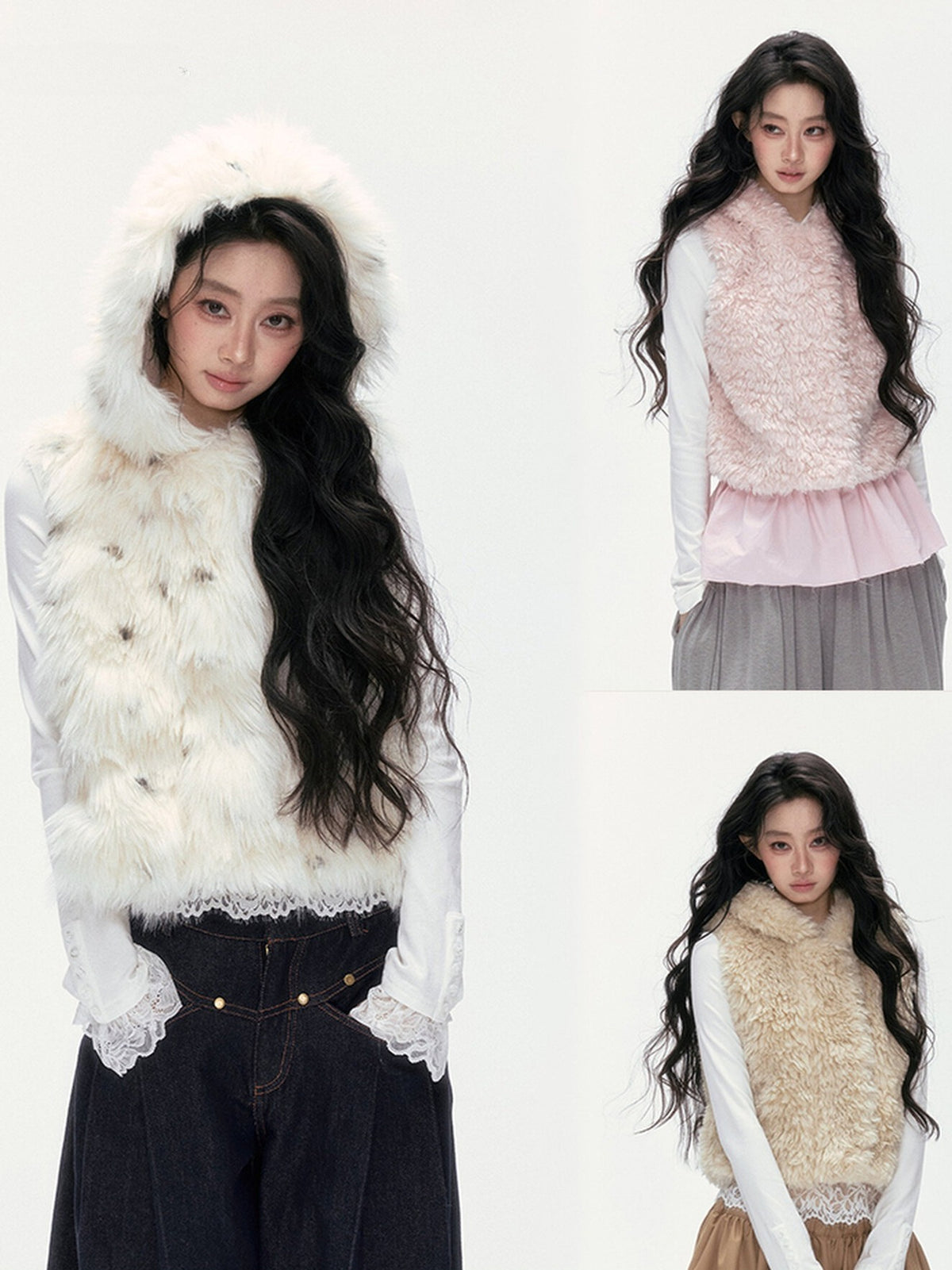 24olvides - Winter Mood Faux Fur Hooded Vest (Pink / Khaki / Cream White with Polka Dots)